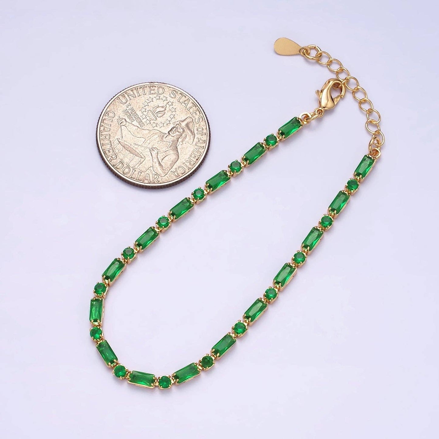 Dainty Gold Filled Emerald Green Baguette CZ Tennis Bracelet