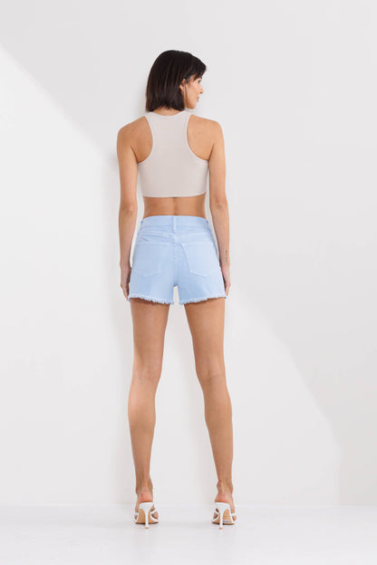 SneakPeek - High Rise 90's Shorts with Frayed Hem in Light Blue