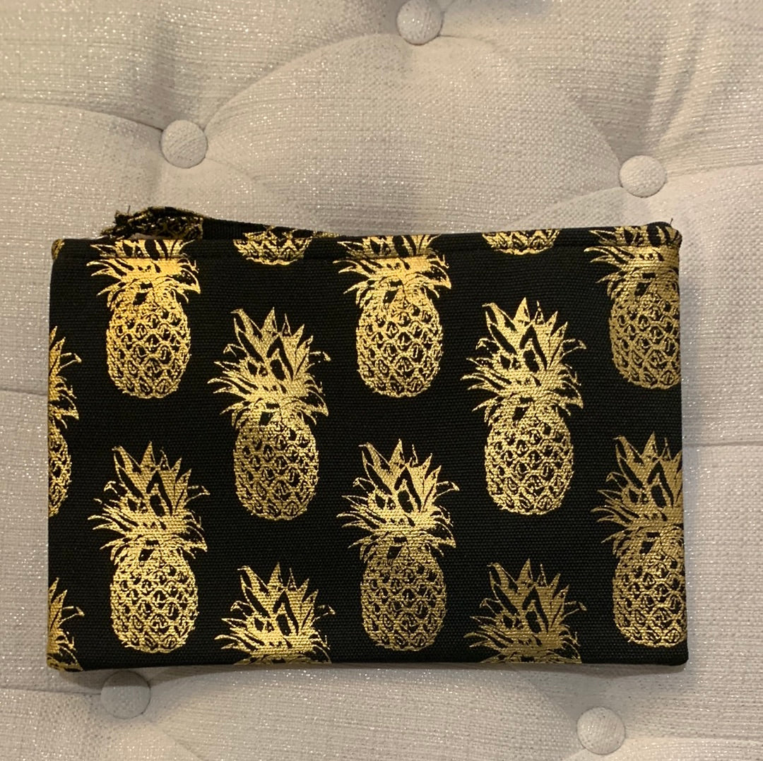 Golden Pineapple Black Wristlet Pouch 