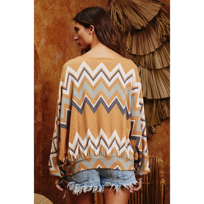 Zig Zag Pattern Bat-wing Detailed Long Sleeves Top