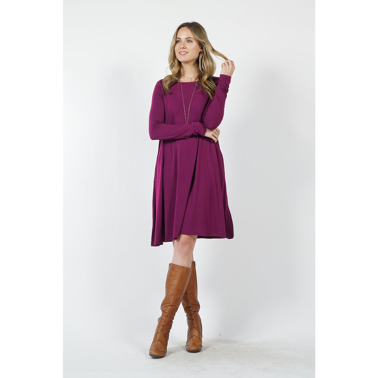 Plum Long Sleeve Flare Dress With Pockets