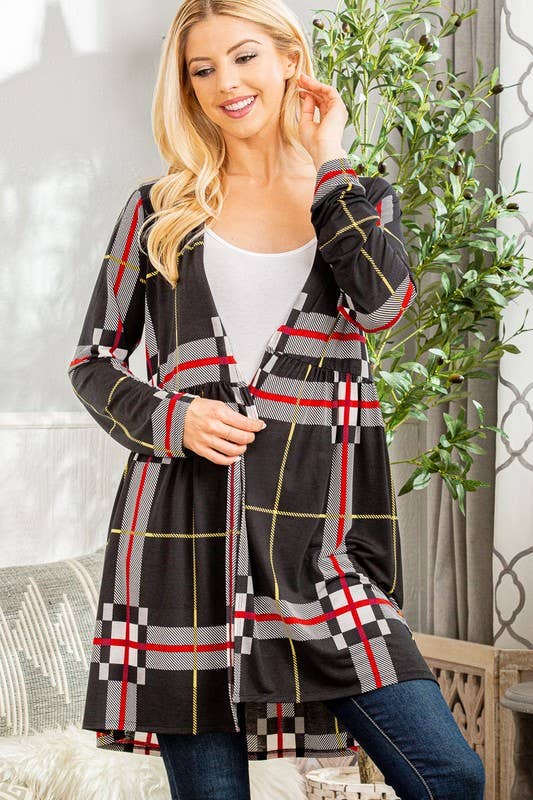 Plaid Open Cardigan with Ruffled Detail