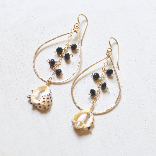 Salty But Sweet - Black Onyx & Drupa Shell Teardrop Earrings in Gold