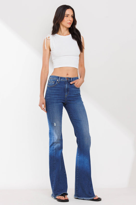 SneakPeek - High Rise Flare with Side Seams Frayed Hem Jeans