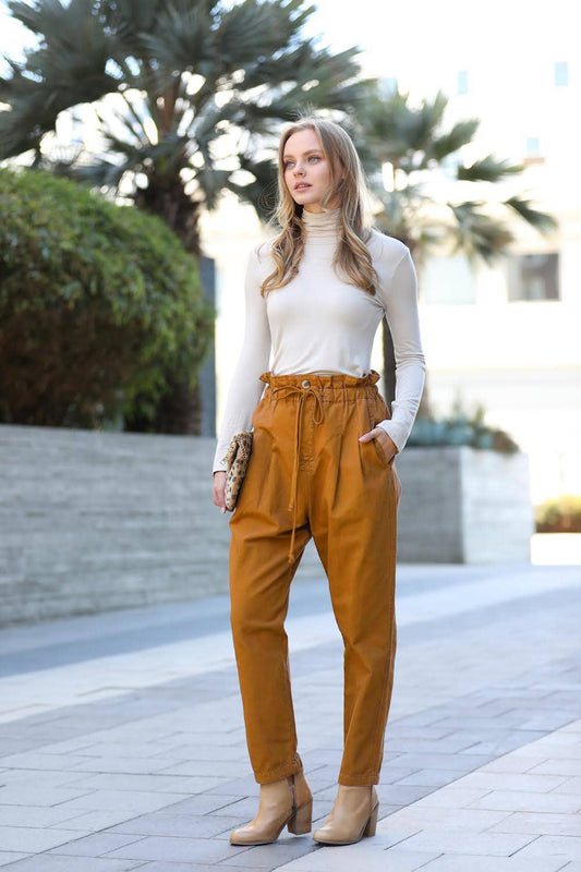 Almond Stone Wash Paperbag Waist Pants