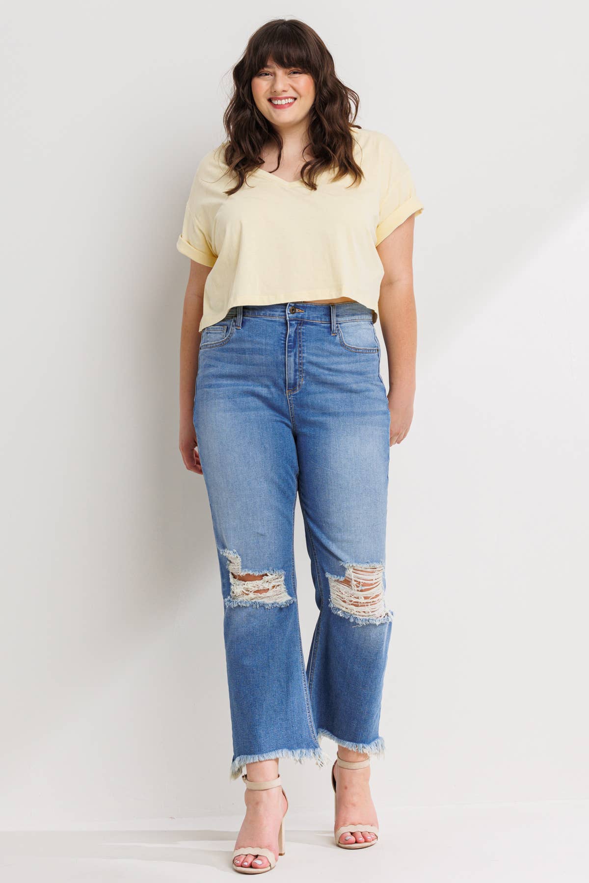 SneakPeek - High Rise Plus Size Straight Leg Jeans with Fray Hen and Distressed Knees
