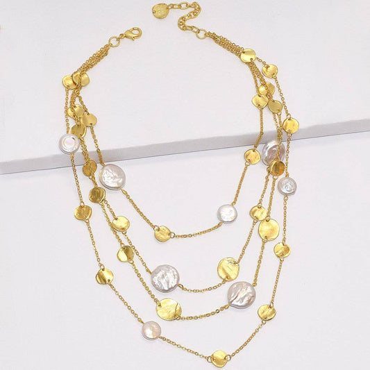 KARINE SULTAN - Coin and flat pearl multi strand statement necklace