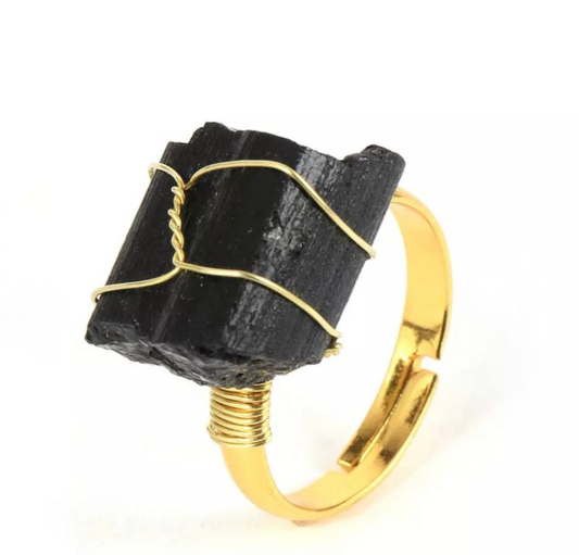 Moon Child - Black Tourmaline Rough Gold Gemstone Ring ~ "Protection & Moon Phases"