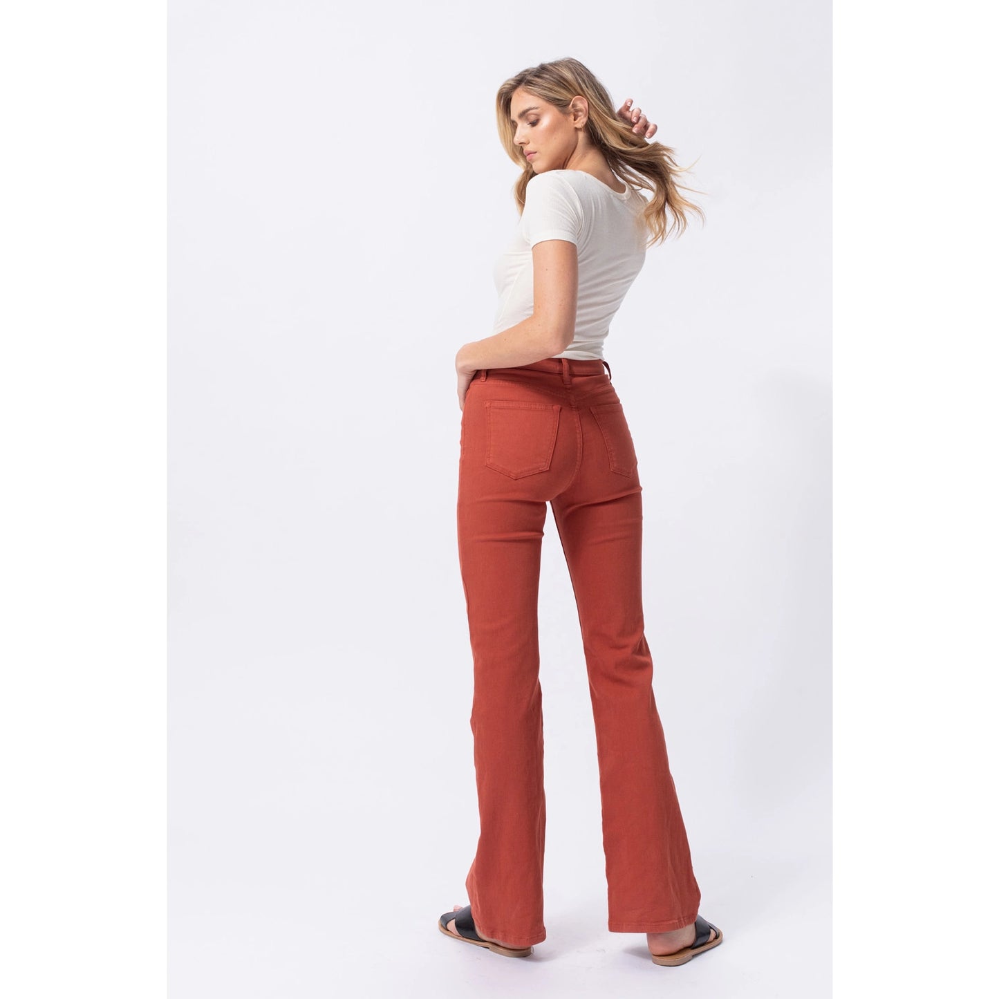 SneakPeek - High Rise Rust Red Solid Slim Bootcut Jeans