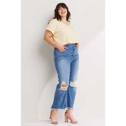 SneakPeek - High Rise Plus Size Straight Leg Jeans with Fray Hen and Distressed Knees