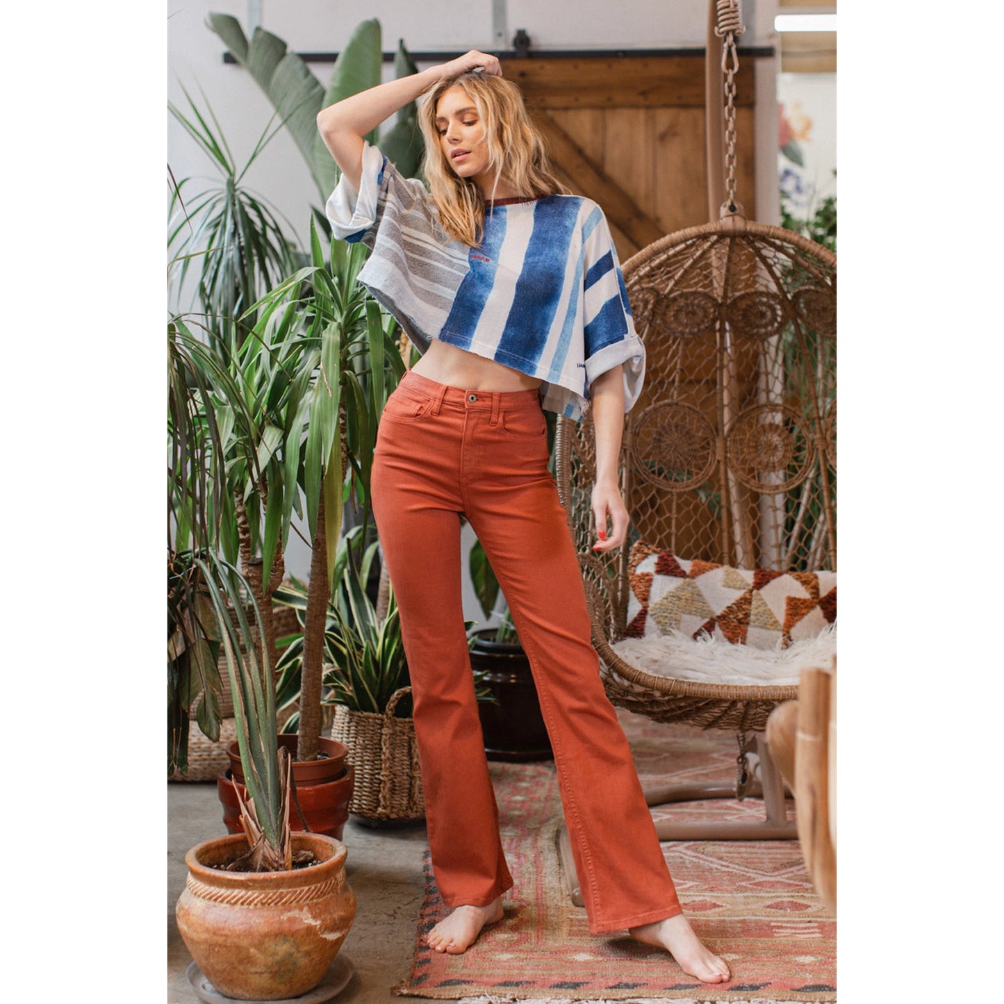 SneakPeek - High Rise Rust Red Solid Slim Bootcut Jeans