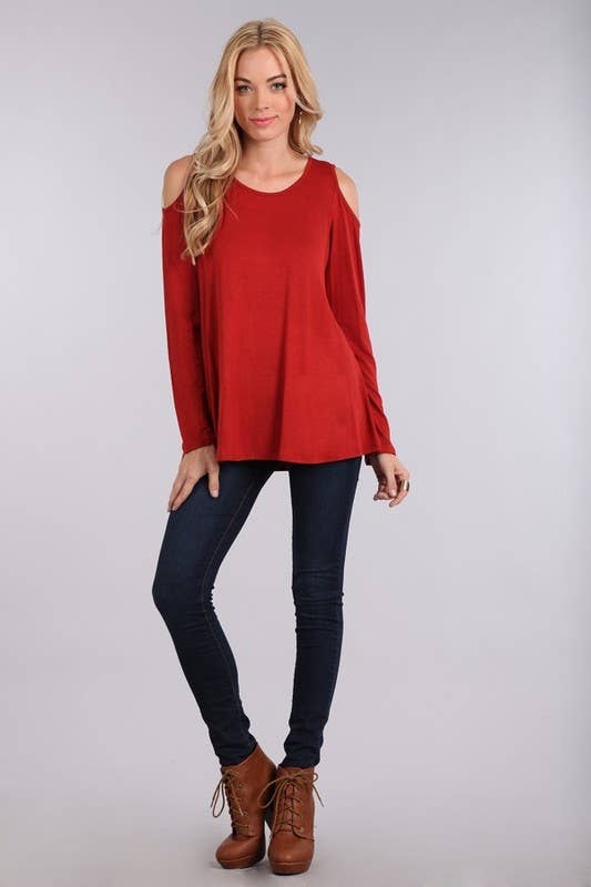 Long Sleeve Cold Shoulder Rust Knit Top