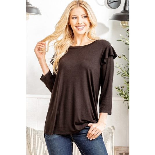 Round Neck Black Top with Ruffle Detail, 3/4 Sleeve