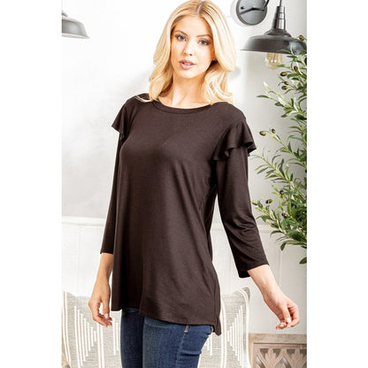 Round Neck Black Top with Ruffle Detail, 3/4 Sleeve