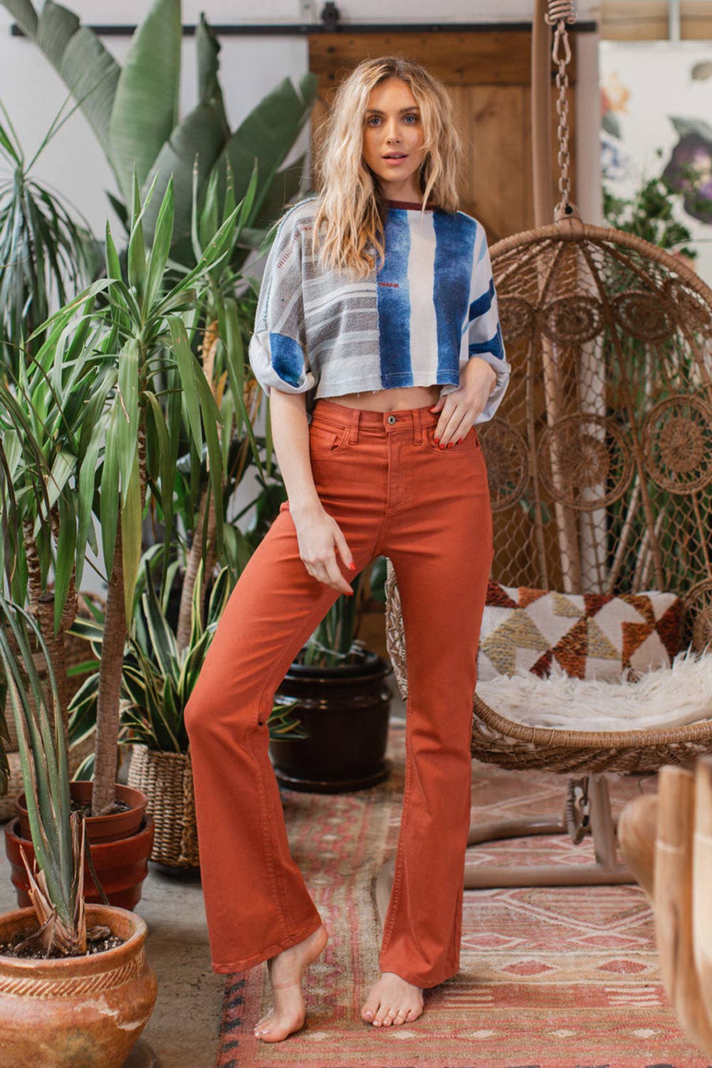 SneakPeek - High Rise Rust Red Solid Slim Bootcut Jeans