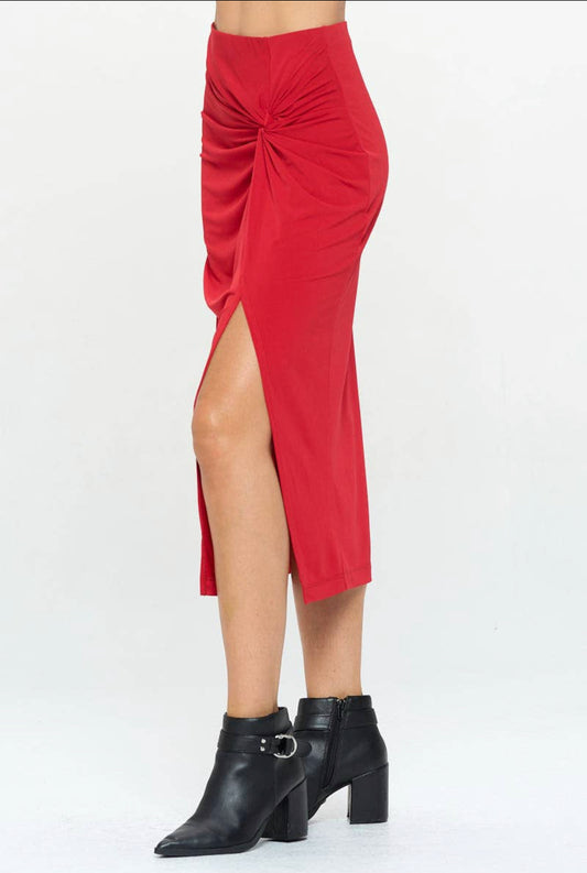 Red Midi Skirt with Front Knot and Slit