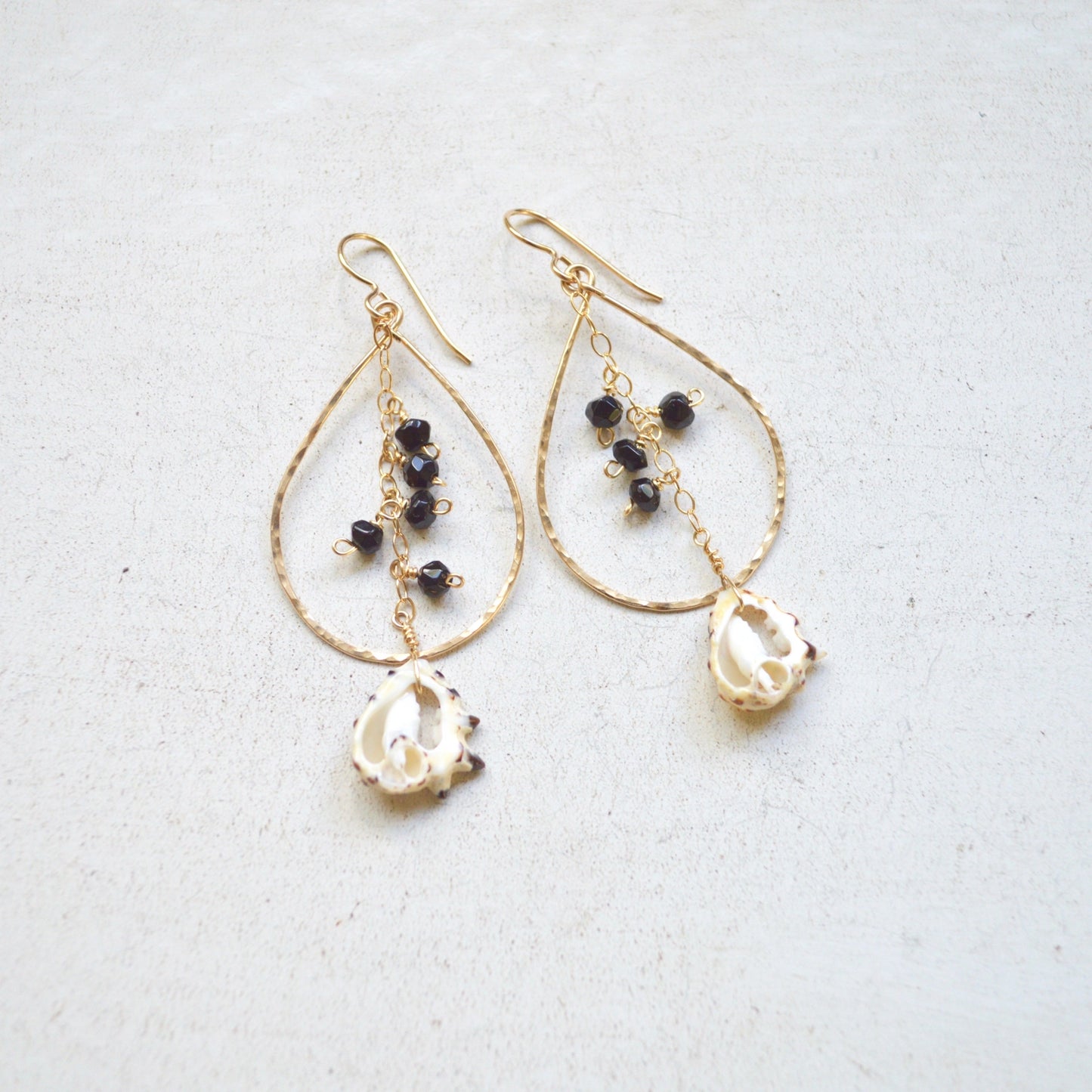 Salty But Sweet - Black Onyx & Drupa Shell Teardrop Earrings in Gold