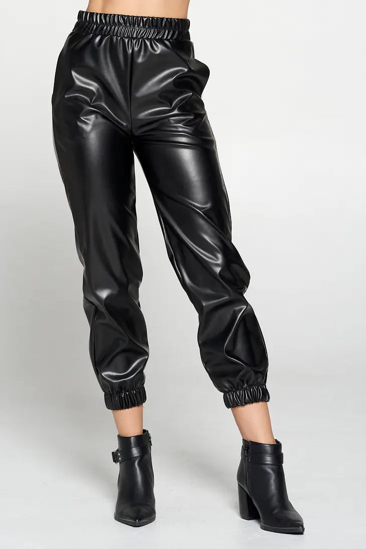 Renee C. - Made in USA Black Faux Stretch Leather Pants with Pockets