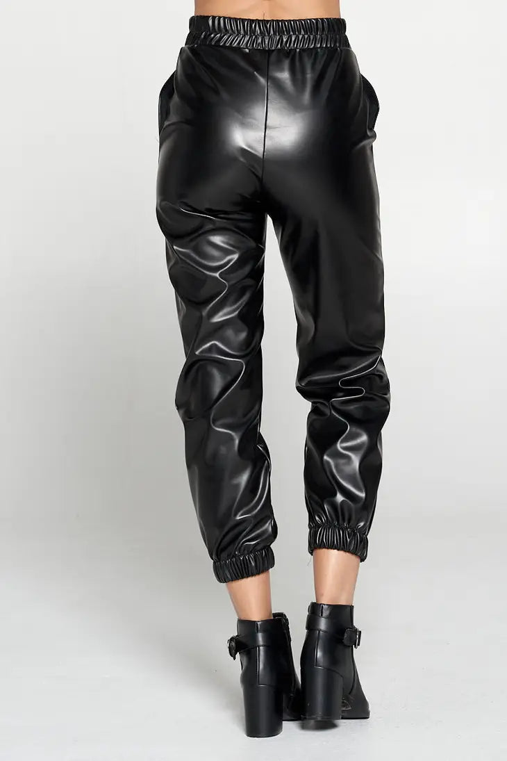 Renee C. - Made in USA Black Faux Stretch Leather Pants with Pockets