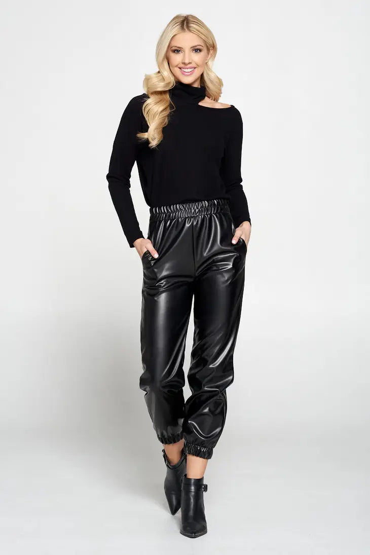 Renee C. - Made in USA Black Faux Stretch Leather Pants with Pockets