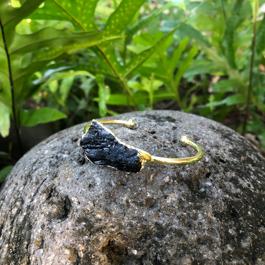 Black Tourmaline Flat Gemstone Gold Bangle Cuff Bracelet "Protection" Bracelet