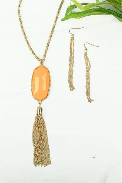 Peach Solada Goldtone Tassel Necklace and Earrings Set