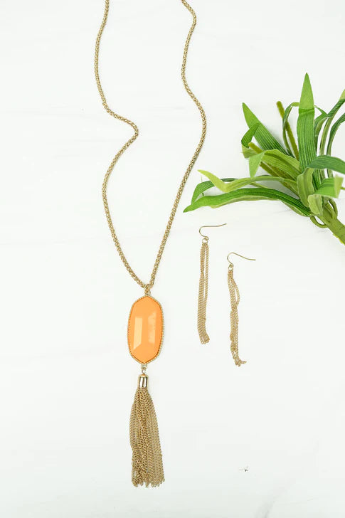 Peach Solada Goldtone Tassel Necklace and Earrings Set