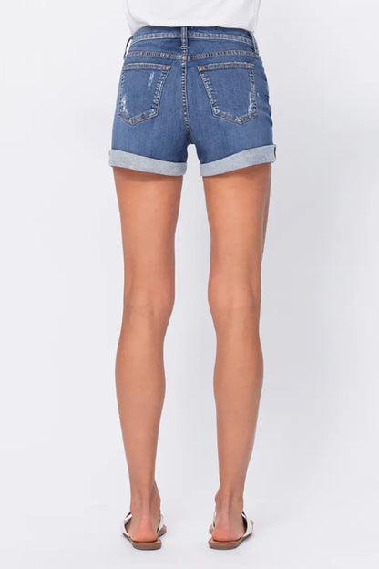 SneakPeek - Mid Rise Tomboy Denim Shorts s/ Rolled Hem and Distressing