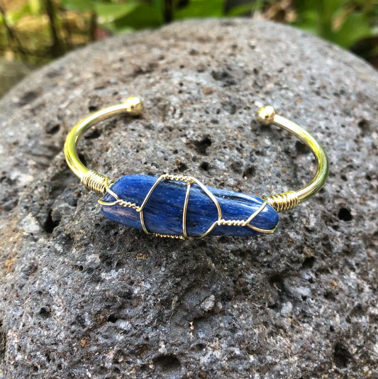 Kyanite Rough Gemstone Gold Bangle Cuff Bracelet  by Moon Child